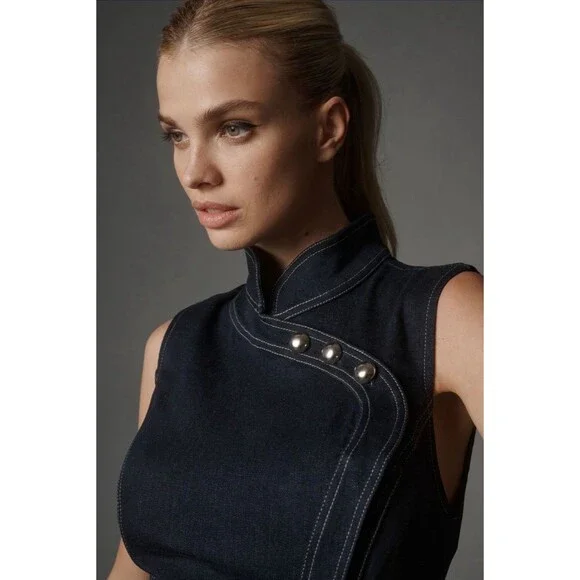 Anthropologie Porridge Midi Dress Women Denim Hardware Preppy Vacay Large NWT - Picture 8 of 12